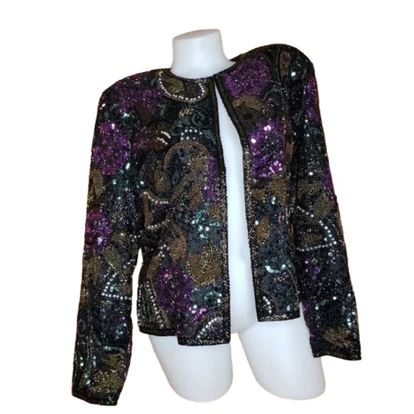 Oleg Cassini Jackets & Blazers - Vintage Oleg Cassini Black Tie Sequined Beaded Jacket Purple Green Gold Large